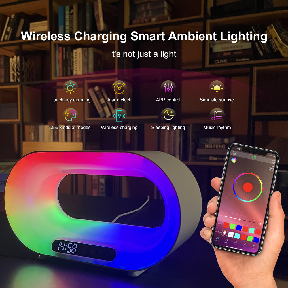 Multi-function 3 In 1 LED Night Light APP Control RGB Atmosphere Desk Lamp Wireless Charger Alarm Clock